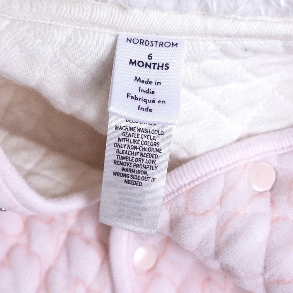 Nordstrom Quilted Heart Pram Suit Baby 6M Pink Fleece Hood‎ Bear Ears